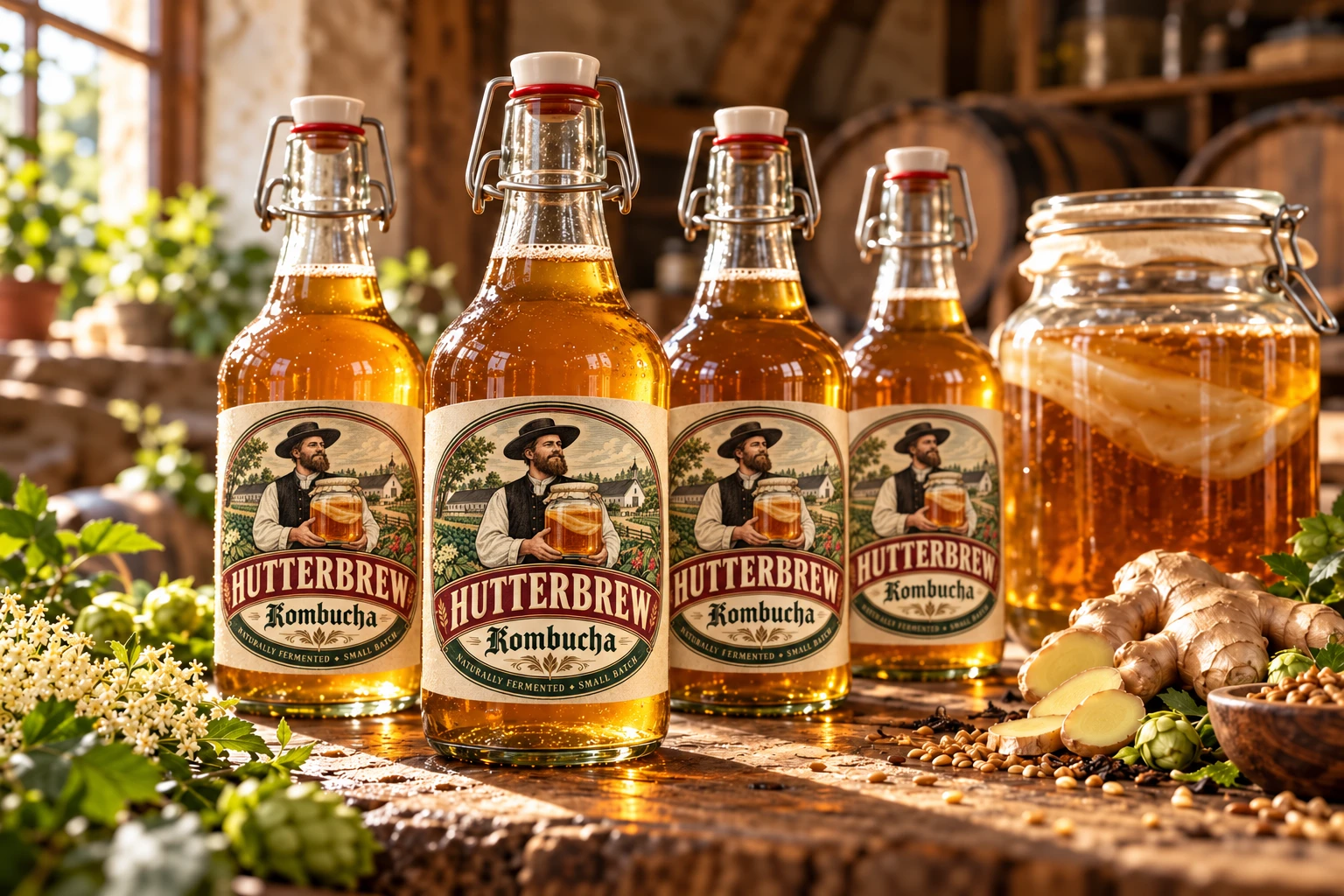 Hutterbrew fermented drink bottles and a culture jar in a warmly lit farmstead cellar